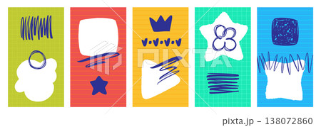 Planner pages set portrait format 9x16 with stickers, scribbles, blots and brush strokes. Notebook collage collection. 138072860