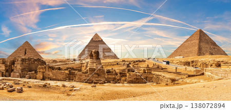 Great Sphinx and the Pyramids of Giza, beautiful sunset panorama of Cairo region, Egypt 138072894