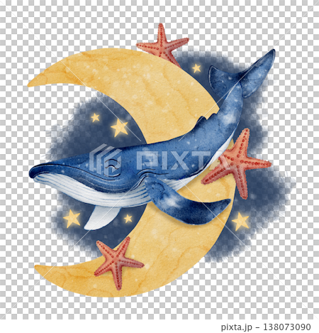 Whale moon watercolor illustration 138073090