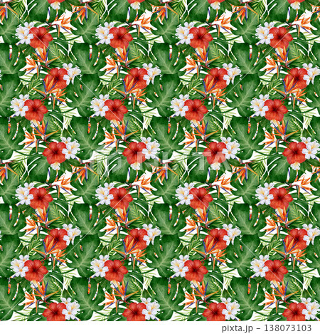 Tropical hibiscus strelitzia watercolor seamless pattern 138073103