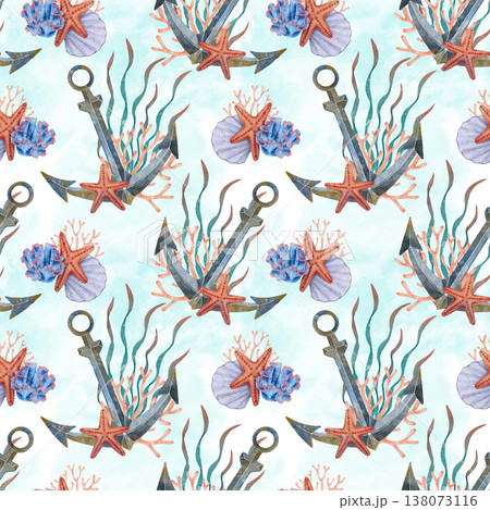 Anchor coral starfish watercolor seamless pattern 138073116