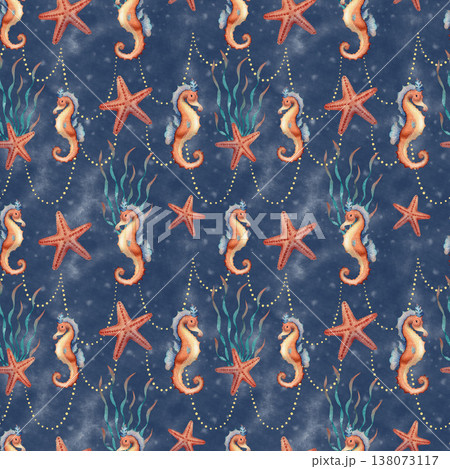 Seahorse starfish watercolor seamless pattern 138073117