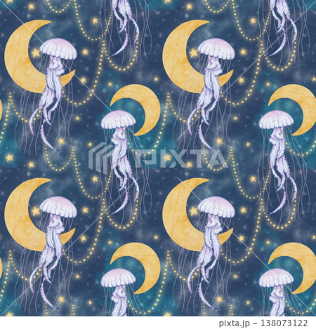 Jellyfish moon watercolor seamless pattern 138073122