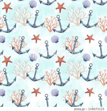 Anchor coral starfish watercolor seamless pattern 138073125