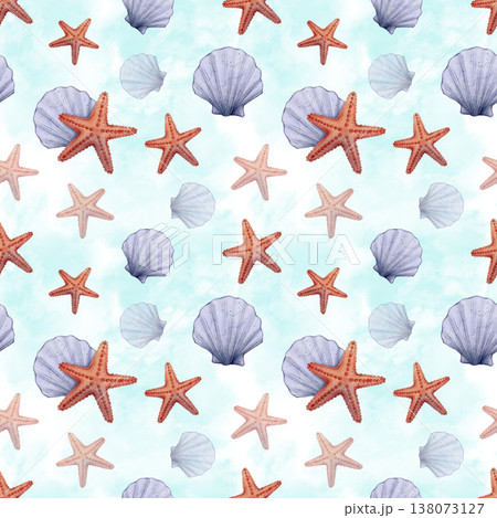 Seashell starfish watercolor seamless pattern 138073127