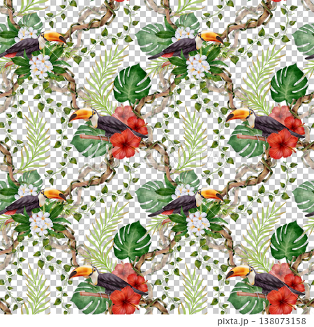 Tropical Toucan and Hibiscus Seamless Pattern Tropical Toucan and Hibiscus Seamless Pattern 138073158