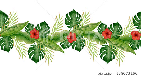 Tropical Hibiscus Monstera Seamless Border Tropical Hibiscus Monstera Seamless Border 138073166