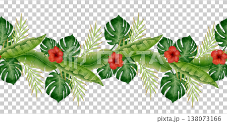 Tropical Hibiscus Monstera Seamless Border Tropical Hibiscus Monstera Seamless Border 138073166