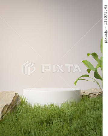 Podium surrounded by vibrant greenery and natural elements. 3D render illustration 138073348