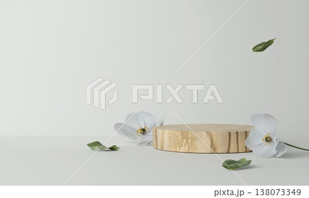 Natural wooden podium with flowers and leaves for elegant displays. 3D render illustration Natural wooden podium with flowers and leaves for elegant displays. 3D render illustration 138073349