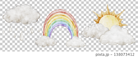 Watercolor icon Sun, rainy cloud and rainbow. Transparent background weather clipart. Set of meteorology and climate elements for kids lessons, preschool posters, worksheets, and playful seasonal Watercolor icon Sun, rainy cloud and rainbow. Transparent background weather clipart. Set of meteorology and climate elements for kids lessons, preschool posters, worksheets, and playful seasonal 138073412