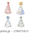 Watercolor set of Birthday party hats. Red, blue, green and yellow party cones with polka dot, stripe, star. Hand painted clip art perfect for birthday invitation or card, sticker, nursery wall art 138073413