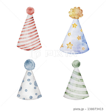 Watercolor set of Birthday party hats. Red, blue, green and yellow party cones with polka dot, stripe, star. Hand painted clip art perfect for birthday invitation or card, sticker, nursery wall art Watercolor set of Birthday party hats. Red, blue, green and yellow party cones with polka dot, stripe, star. Hand painted clip art perfect for birthday invitation or card, sticker, nursery wall art 138073413