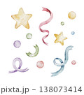 Watercolor colorful confetti set with ribbons, stars and blob, party streamers. Great for birthday party, card making, greeting cards, banners, wallpapers, D.I.Y. and other projects. 138073414