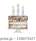 Watercolor birthday cake with three lit candles. First party decoration. Hand drawn Illustration. Celebration theme for party event invitations, greeting card and festive designs. Transparent 138073427