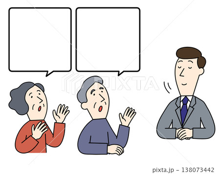 質問する高齢の男女とスーツの男性のイラスト 質問する高齢の男女とスーツの男性のイラスト 138073442
