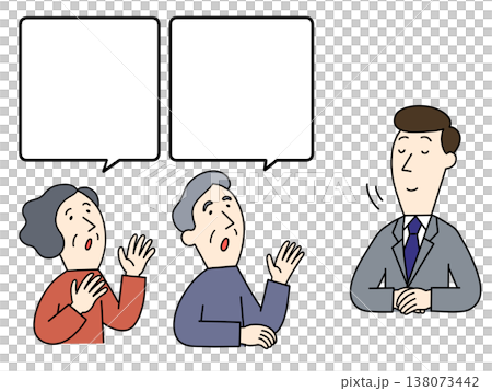 質問する高齢の男女とスーツの男性のイラスト 質問する高齢の男女とスーツの男性のイラスト 138073442