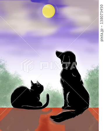 満月を眺める犬と猫 138073450