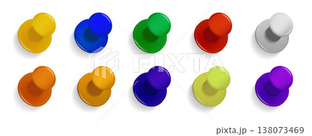 Office vector push pins set made of shiny colorful plastic. Office vector push pins set made of shiny colorful plastic. 138073469