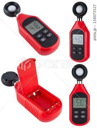 Portable digital lux meter in a black housing with a touch sensor and battery indicator. 138073527