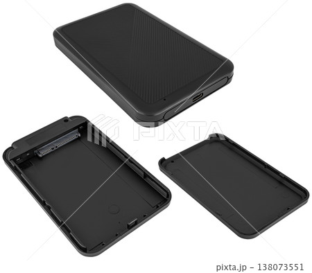Hard drive enclosure with USB 3.0 support for fast data transfer, on a white background in isolation 138073551