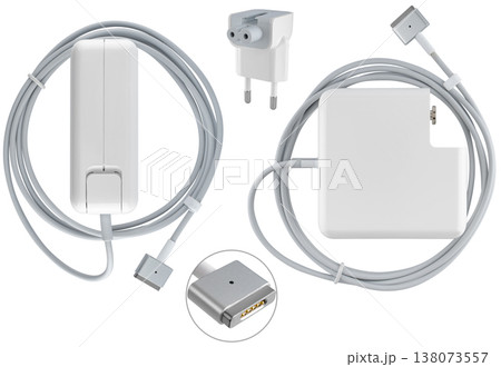 White laptop power supply unit for stable operation, on a white background in isolation White laptop power supply unit for stable operation, on a white background in isolation 138073557