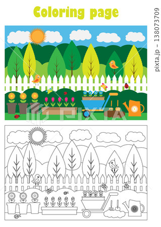 Garden picture with flowers in cartoon style, summer coloring page, education paper game for the development of children, kids preschool activity, printable worksheet, vector illustration 138073709