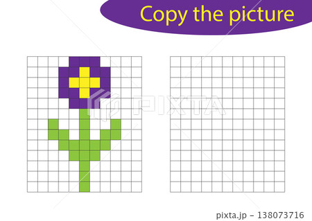 Copy the picture, pixel art, flower cartoon, drawing skills training, educational paper game for the development of children, kids preschool activity, printable worksheet, vector illustration 138073716