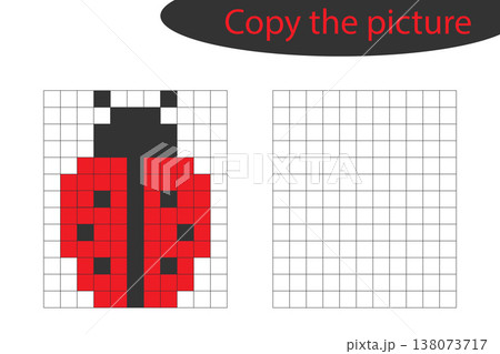 Copy the picture, pixel art, ladybug cartoon, drawing skills training, educational paper game for the development of children, kids preschool activity, printable worksheet, vector illustration Copy the picture, pixel art, ladybug cartoon, drawing skills training, educational paper game for the development of children, kids preschool activity, printable worksheet, vector illustration 138073717