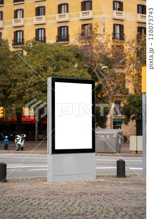 Blank vertical street billboard on a busy urban sidewalk, ready for a custom advertisement, marketing campaign, product launch, or public information display Blank vertical street billboard on a busy urban sidewalk, ready for a custom advertisement, marketing campaign, product launch, or public information display 138073743