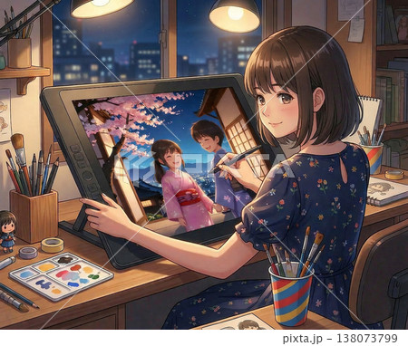 女性イラストレーター在宅ワーク作業風景デジタル制作 女性イラストレーター在宅ワーク作業風景デジタル制作 138073799