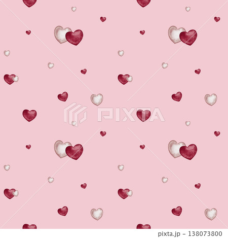 Watercolor bright and light Pink Hearts Seamless Pattern on isolated background. Love symbol hand drawn. Repeat ornament for Valentine's Day festive decor. Design for kids goods, children's room. 138073800