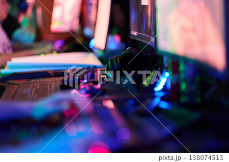 Colorful RGB PC Gaming Setup With Mechanical Keyboard And Headset At Nighttime LAN Party Colorful RGB PC Gaming Setup With Mechanical Keyboard And Headset At Nighttime LAN Party 138074513