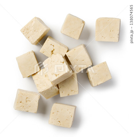 Diced tofu cubes isolated on white background, top view Diced tofu cubes isolated on white background, top view 138074565