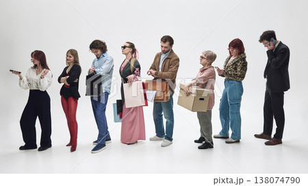 Group of diverse people standing in queue isolated on white background waiting in line. Group of diverse people standing in queue isolated on white background waiting in line. 138074790