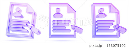 3D hologram glass resume line icon in different angles view. CV candidate with profile and pen, job applicant. HR, recruitment, personnel selection. Purple blue gradient documents set. 3D illustration 3D hologram glass resume line icon in different angles view. CV candidate with profile and pen, job applicant. HR, recruitment, personnel selection. Purple blue gradient documents set. 3D illustration 138075192