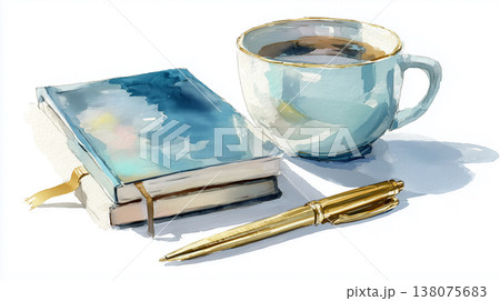 コーヒーカップ、ノート、万年筆の水彩画セット：ワークスタイルのイラスト 138075683