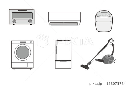 家電アイコンセット（洗濯機・エアコン・掃除機・炊飯器・冷蔵庫・トースター） 138075784
