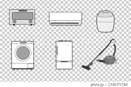 家電アイコンセット（洗濯機・エアコン・掃除機・炊飯器・冷蔵庫・トースター） 138075784