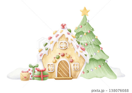Cartoon Christmas watercolor illustration with gingerbread house, gifts and Christmas tree in snowdrifts. Traditional winter holidays symbols and desserts horizontal clip art. Greeting card template 138076088