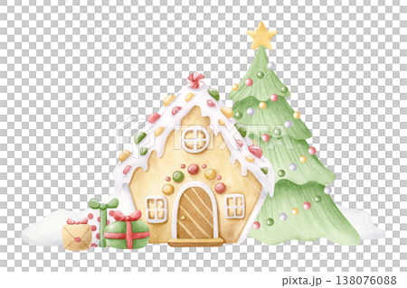 Cartoon Christmas watercolor illustration with gingerbread house, gifts and Christmas tree in snowdrifts. Traditional winter holidays symbols and desserts horizontal clip art. Greeting card template 138076088