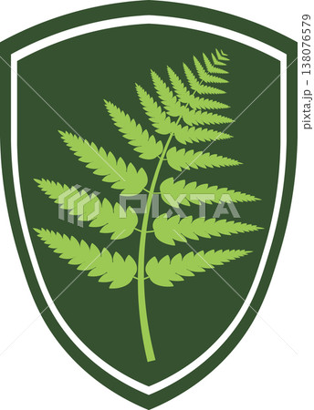Green Shield Emblem with Detailed Fern Leaf Illustration 138076579