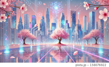 桜とデジタル光が交差する近未来都市の春景色を描いた幻想的スマートシティコンセプトアート背景素材 桜とデジタル光が交差する近未来都市の春景色を描いた幻想的スマートシティコンセプトアート背景素材 138076922