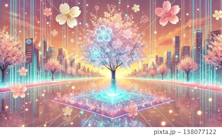 デジタルプラットフォームに咲く発光桜と超高層ビル群が広がる近未来スマートシティ春景色CG 138077122