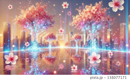 発光する桜並木が広がる近未来都市のリフレクション夜景とデジタル空間の幻想風景 138077171
