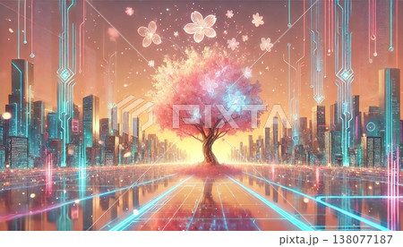 デジタル桜が輝く未来都市と光の回路が融合する幻想的なスマートシティ風景CGアート 138077187