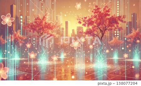 夕焼けに包まれた桜と光のデータが舞う近未来スマートシティ幻想CG背景アート 138077204