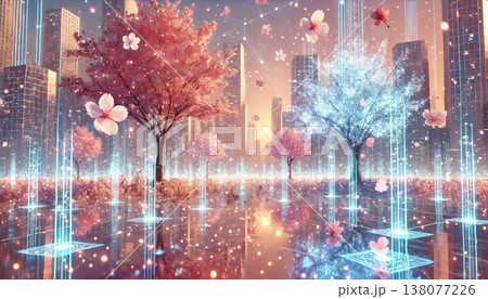 光のデータ柱が立ち昇る桜並木と夕景の未来都市が水面に広がる幻想風景 138077226