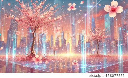 光のデータラインが降り注ぐ未来都市と満開の桜が輝く幻想的スマートシティ春景色 光のデータラインが降り注ぐ未来都市と満開の桜が輝く幻想的スマートシティ春景色 138077233