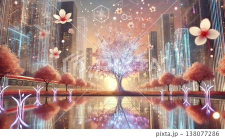 光のデータが流れる近未来都市に咲く幻想的な発光桜とサイバー空間の春風景 138077286